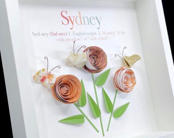 Modern Baby Name Gift: Paper Roses & Butterflies Art-Woodland Nursery Decor, Boho Baby Shower Gift, Baby Name Sign, Birth Month Flower Print