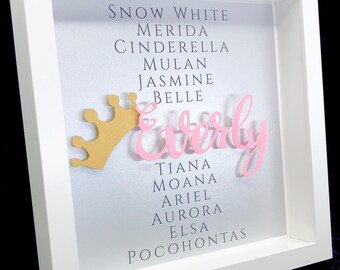 Personalisierte Prinzessin Namensrahmen, personalisierte Baby-Mädchen-Prinzessin-Kunst, Prinzessin-Kinderzimmer-Dekor, Baby-Mädchen-Prinzessin-Dusche-Geschenk, Baby-Tiara