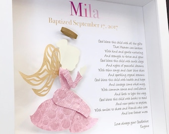 Angel Blessings for Baby Girl, Custom Christening Gift of Praying Angel, Modern Boho Pink Nursery Decor, Baptism Present, Personalized Poem