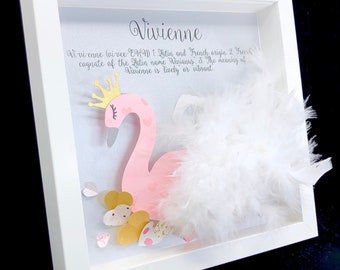 Personalisierte Baby Mädchen Namen Rahmen von Feder Schwan, Name Herkunft & Bedeutung, Prinzessin Swan Kinderzimmer Dekor Wand Kunst, Rosa Schwan Baby Shower Geschenk