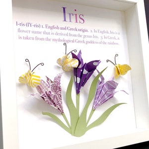 Whimsical Iris Frame for Baby Girl - Modern Floral Boho Nursery Decor, Baby Birth Flower Sign,  Iris Flowers & Butterflies, Baby Name Gift