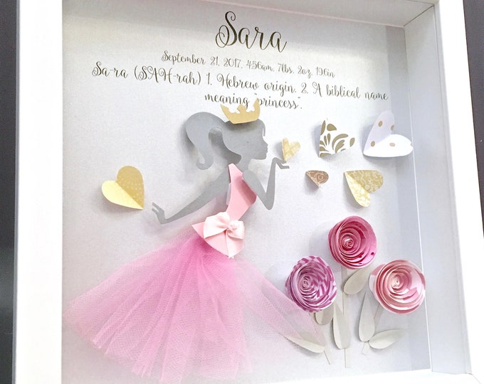Personalized Baby Girl Princess Frame with Name, Origin and Meaning Princess Baby Shower Gift, Princess Nursery Decor Art, Princess Tiara