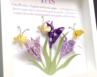 Whimsical Iris Frame for Baby Girl - Modern Floral Boho Nursery Decor, Baby Birth Flower Sign,  Iris Flowers & Butterflies, Baby Name Gift