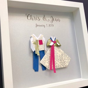 Custom Korean Hanbok Anniversary Gift, Korean Wedding Gift, Paper Anniversary, Origami Bride & Groom, Personalized Art, Custom Hanbok Colors