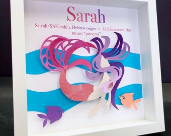 Personalized Baby Girl Mermaid Name Frame, Name Origin & Meaning, Paper Mermaid, Custom New Baby Shower Gift, Mermaid Nursery Decor Wall Art