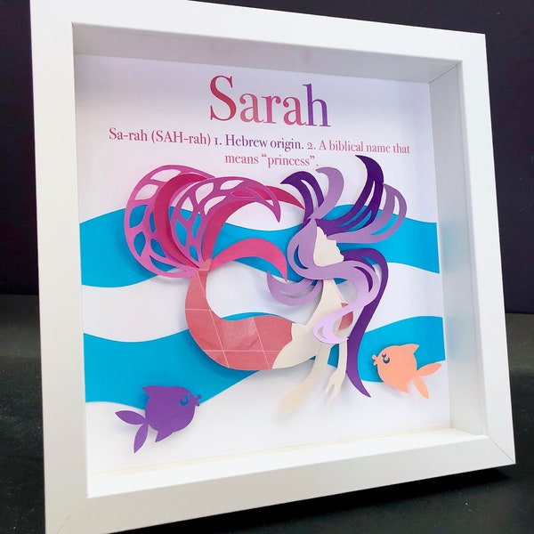 Personalized Baby Girl Mermaid Name Frame, Name Origin & Meaning, Paper Mermaid, Custom New Baby Shower Gift, Mermaid Nursery Decor Wall Art