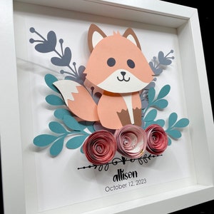 Personalized Baby Name Frame with Birth Date, Boho Woodland Animals Art, Baby Fox Art, Woodland Nursery Decor, Woodland Baby Shower Gift image 1