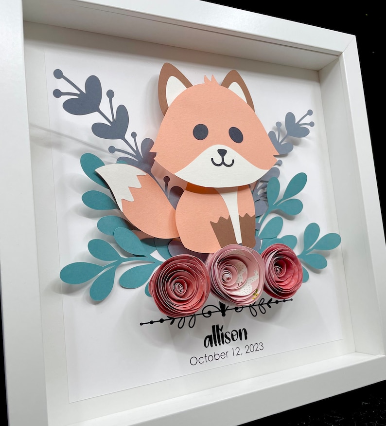 Personalized Baby Name Frame with Birth Date, Boho Woodland Animals Art, Baby Fox Art, Woodland Nursery Decor, Woodland Baby Shower Gift image 1