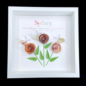 Pode incluir: Uma moldura branca com um passe-partout branco e um fundo branco. A palavra "Sydney" est&aacute; escrita em uma fonte decorativa na parte superior da moldura. Abaixo da palavra "Sydney" h&aacute; uma defini&ccedil;&atilde;o do nome. A defini&ccedil;&atilde;o est&aacute; escrita em texto preto. H&aacute; tr&ecirc;s flores de papel na moldura, cada uma com uma borboleta acima. As flores s&atilde;o laranja e rosa, e as borboletas s&atilde;o brancas, douradas e marrons.