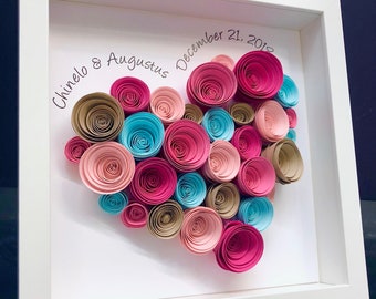 Personalized Wedding Gift, First Anniversary Gift, Paper Anniversary,  I Love You Heart of Paper Roses, Bride and Groom Names and Date