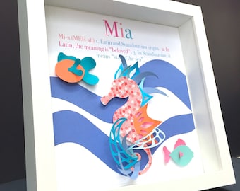 Personalized Baby Girl Name Frame with Seahorse, Name, Origin and Meaning, Paper Art Custom Baby Girl Shower Gift, Seahorse Nursery Decor