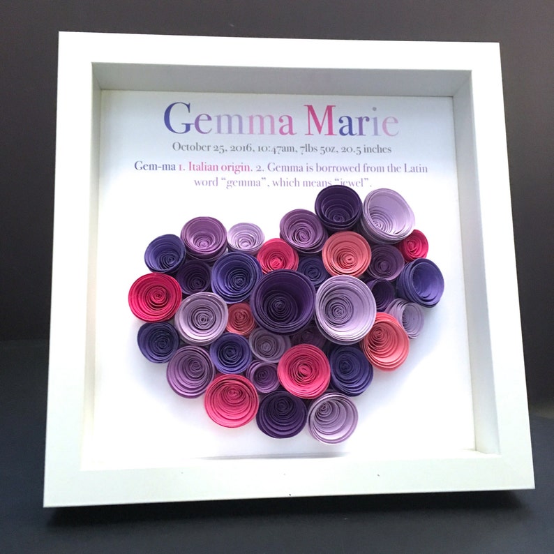 Personalized Baby Name Frame with Origin and Meaning Large Heart of Paper Roses Newborn Baby Shower Gift Nursery Decor Wall Art