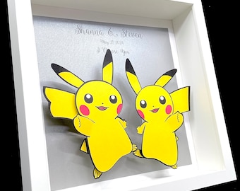 Pikachu-Jubiläumsgeschenk, Pikachu-Hochzeitsgeschenk für das Paar, Geschenk zum ersten Jahrestag, Papier-Pokemon-Pikachu-Kunst, Pokemon-gerahmte individuelle Kunst