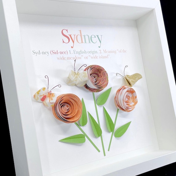 Modern Baby Name Gift: Paper Roses & Butterflies Art-Woodland Nursery Decor, Boho Baby Shower Gift, Baby Name Sign, Birth Month Flower Print
