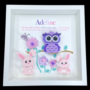 Personalized Baby Frame with Name, Origin & Meaning, Woodland Theme with Owl and Bunnies, Baby Shower Gift, Woodland Nursery Decor Wall Art image 2