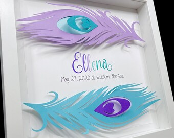 Personalized Baby Girl Name Frame with Boho Peacock Feathers, Name & Birth Information, Boho Feathers, Nursery Decor, Baby Girl Shower Gift