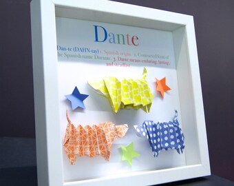 Personalisierter Baby Namensrahmen mit Dackeln, Herkunft & Bedeutung Papier Origami Dackel Dackel, Welpen Kinderzimmer Dekor Wandkunst