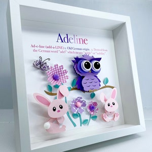 Personalized Baby Frame with Name, Origin & Meaning, Woodland Theme with Owl and Bunnies, Baby Shower Gift, Woodland Nursery Decor Wall Art image 1
