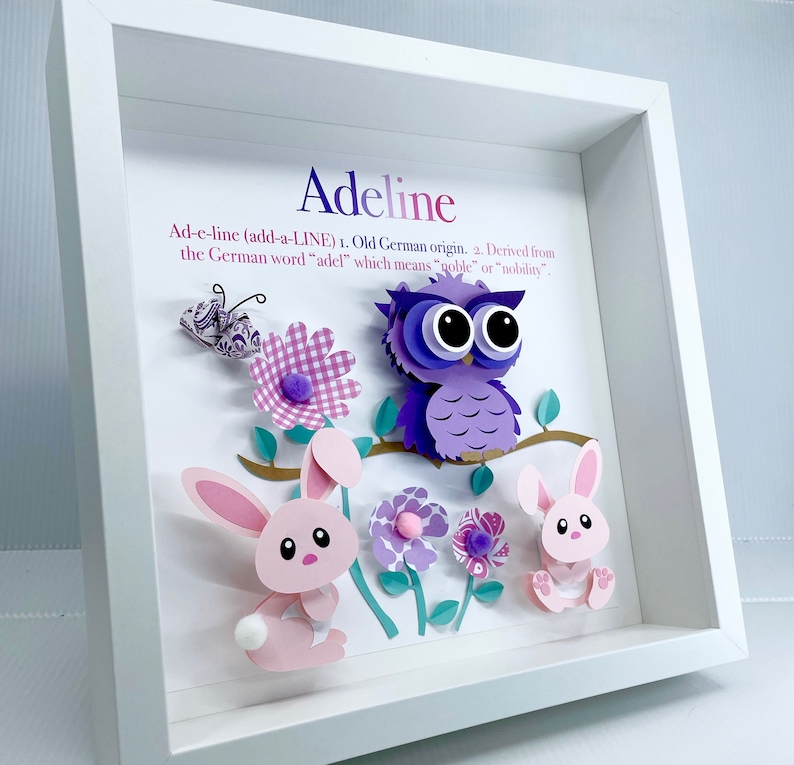 Personalized Baby Frame with Name, Origin & Meaning, Woodland Theme with Owl and Bunnies, Baby Shower Gift, Woodland Nursery Decor Wall Art image 1