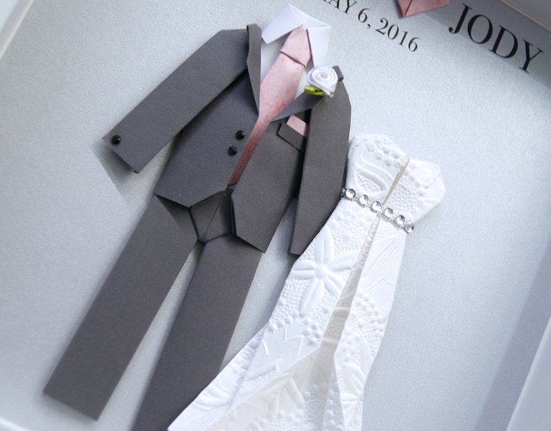 Custom Anniversary Gift, 1st Anniversary Paper Gift, Wedding Bride & Groom Frame, Replicate Your Wedding Dress and Suit in Paper Miniatures image 5