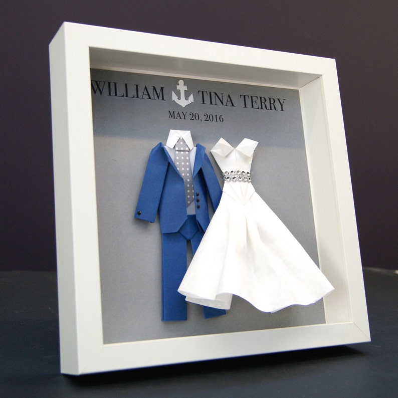 Custom Anniversary Gift, 1st Anniversary Paper Gift, Wedding Bride & Groom Frame, Replicate Your Wedding Dress and Suit in Paper Miniatures image 1