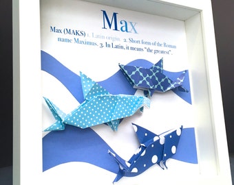 Personalized Baby Name Frame with Sharks, Name, Origin and Meaning, Origami Sharks Frame, New Baby Shower Gift, Under the Sea Nursery Decor