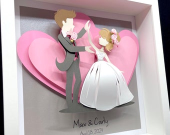 Custom Anniversary Gift, Bride and Groom Wedding Gift, First Anniversary Paper Gift, Papercut Bride & Groom Dancing Wall Art in Frame