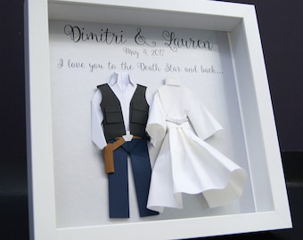 Cadeau de mariage Star Wars, Anniversaire Star Wars, Cadeau de premier anniversaire en papier, Hans Solo Princesse Leia Cadre De mariée et de marié Star Wars Art