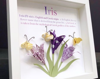 Baby Girl Frame with Name Origin and Meaning Custom Paper Art of Iris & Butterflies for Baby Girl Shower Gift, Nursery Decor Wall Art