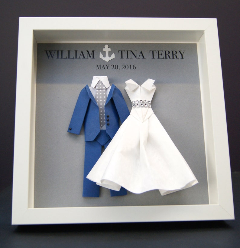 Custom Anniversary Gift, 1st Anniversary Paper Gift, Wedding Bride & Groom Frame, Replicate Your Wedding Dress and Suit in Paper Miniatures image 2