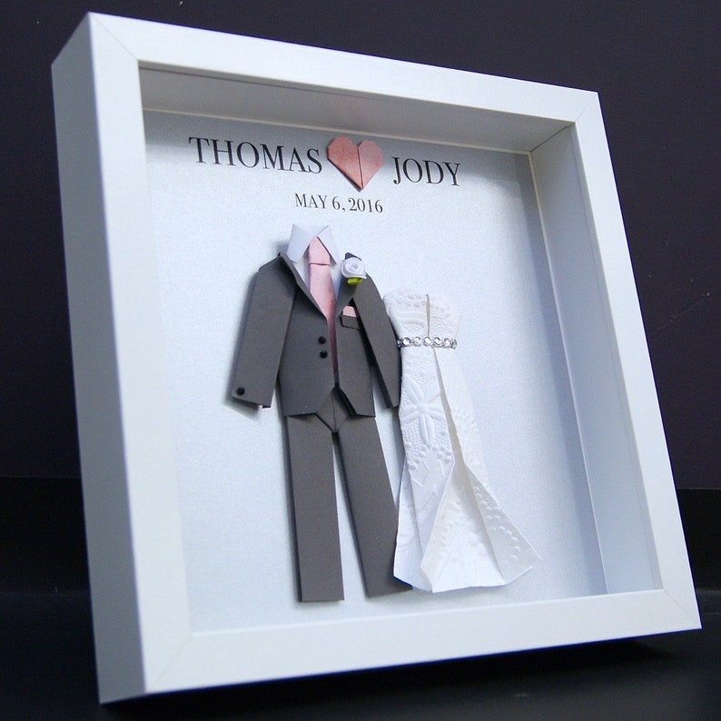 Custom Anniversary Gift, 1st Anniversary Paper Gift, Wedding Bride & Groom Frame, Replicate Your Wedding Dress and Suit in Paper Miniatures image 1