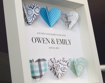 Personalized Wedding Frame, Engagement, First Anniversary, Bridal Shower, 3D Paper Hearts Origami Shadowbox Frame Custom Wall Art Gift