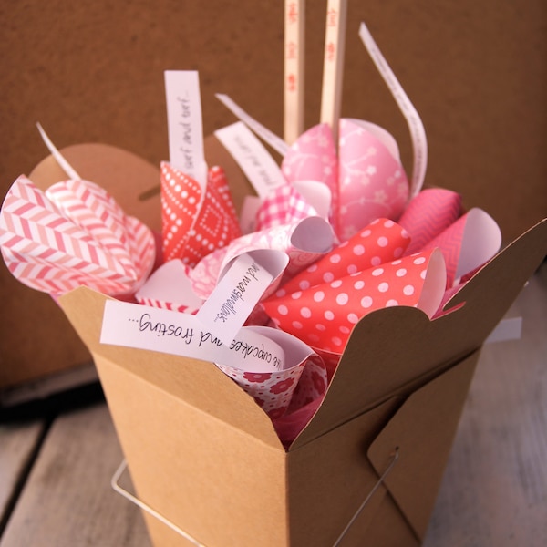 Personalized Valentine's Day Gift of Paper Fortune Cookies in Takeout Box with Chopsticks, Custom Love Fortunes, Paper Anniversary Gift