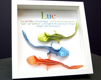 Baby Name Frame with Origin and Meaning, Paper Origami Gecko Lizards Custom Baby Shower Gift, Gecko Nursery, Lizard Nursery Decor Wall Art