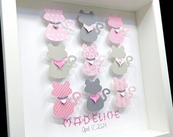 Benutzerdefinierte Baby Mädchen Namen Rahmen mit Kätzchen, Katze Druck, neues Baby Geschenk Baby-Dusche-Geschenk, Kätzchen Kinderzimmer Dekor, Boho Pink & Grey Kitties