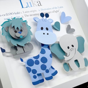 Adorable Baby Boy Safari Name Sign with Elephant, Giraffe & Lion, Modern Zoo Animals Nursery Decor, Baby Name Gift, Jungle Baby Shower Gift