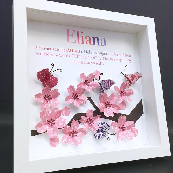 Personalized Baby Girl Name Frame of Cherry Blossoms & Butterflies with Name Origin and Meaning, Cherry Blossom Nursery Decor Wall Art