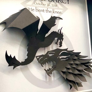 Regalo di anniversario di Game of Thrones, regalo di nozze di GOT, primo anniversario, si è inginocchiato, Casa Stark, Casa Targaryen, arte di draghi e meta-lupi