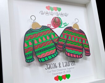 Personalized Our First Christmas Framed Art, Couple's Ugly Christmas Sweaters, Christmas Gift for the Couple, First Christmas Together Art