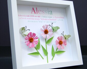 Personalized Baby Girl Frame with Name Origin and Meaning Custom Art of Daisies & Butterflies for Baby Shower Gift, Pink Daisy Nursery Decor