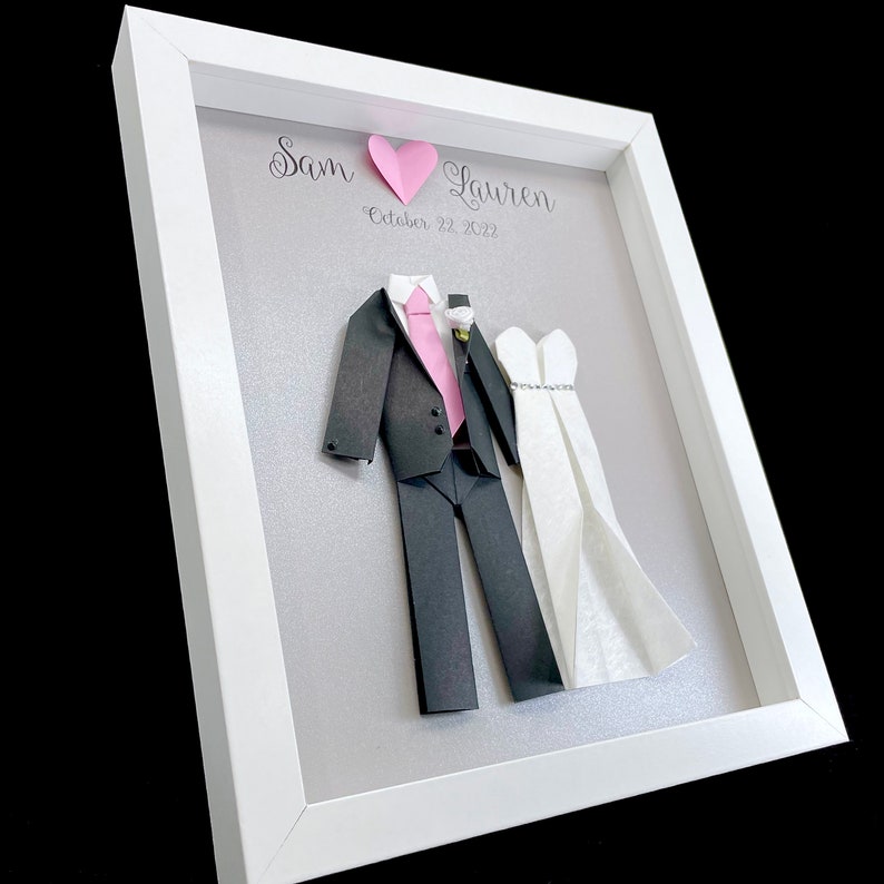 Custom Anniversary Gift, 1st Anniversary Paper Gift, Wedding Bride & Groom Frame, Replicate Your Wedding Dress and Suit in Paper Miniatures image 6