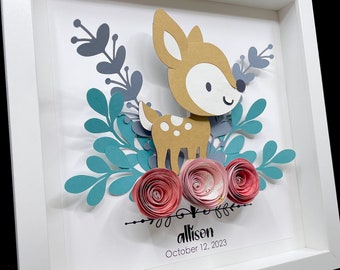 Personalized Baby Name Frame with Birth Date, Boho Woodland Animals Art, Baby Fawn Art, Woodland Nursery Decor, Woodland Baby Shower Gift