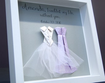 Personalized Bridesmaid Gift Wedding Paper Origami Bride & Bridesmaid Shadowbox Frame Custom Bridal Dresses Wall Art
