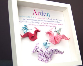 Personalized Baby Dragon Name Frame with Origin and Meaning Paper Dragons & Butterflies, Newborn Baby Shower Gift, Pink Dragon Nursery Decor