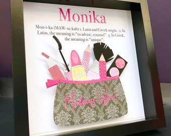 Personalized Frame for Makeup Artist, Makeup Lover with Paper Makeup Bag, Lipstick, Mascara, Eyeshadow & Brush Custom Wall Art