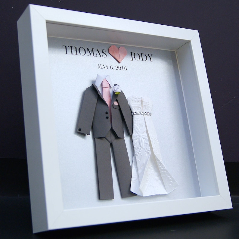 Custom Anniversary Gift, 1st Anniversary Paper Gift, Wedding Bride & Groom Frame, Replicate Your Wedding Dress and Suit in Paper Miniatures image 1