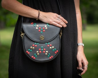 Shoulder Bag Woman’s Black Studded - Black Round Leather Bag