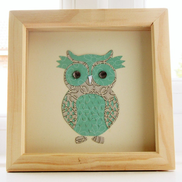 owl picture for a box frame / cute owl wall art / owl art / ideal gift / a green owl picture handmade using scrapbook paper