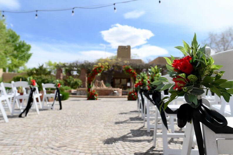 Red Silk Rose Wedding Chair Swag With Black Ribbon | Ceremony Aisle ...