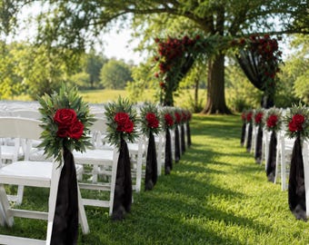 Red Silk Rose Wedding Chair Swag with Black Ribbon | Ceremony Aisle Decor